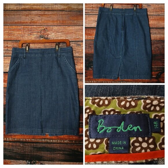 Boden Jean Skirt 14 Straight Pencil Dark Wash Denim Pockets Zip Back Stretch - Picture 1 of 8